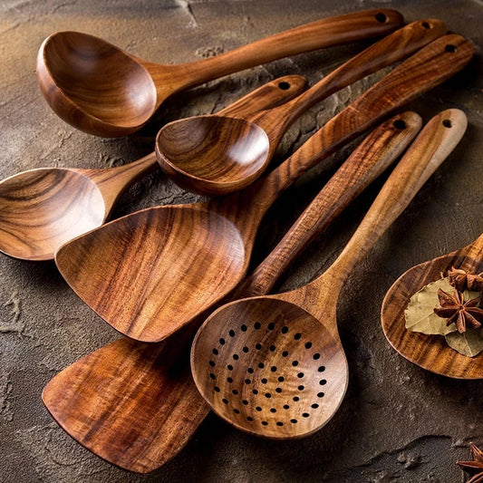 Teak Wooden Spoons Non-Stick Cooking Utensils Set (4-10 pcs)